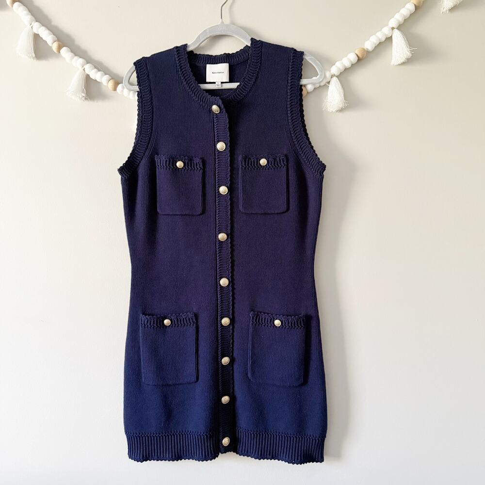 NEW Reformation Catalina Rib Cotton Faux Gold-Tone Button Mini Dress Navy Large - Picture 12 of 13
